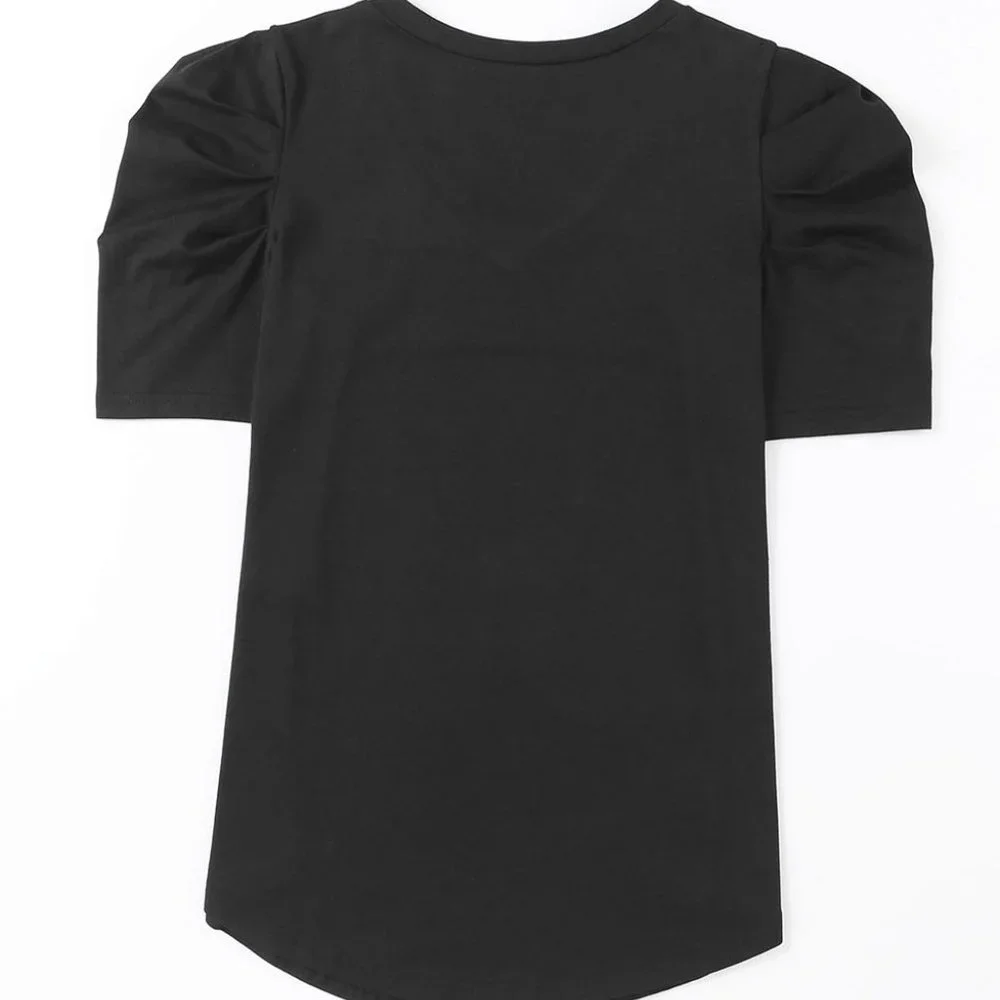 Black Puff Sleeve Casual V Neck T-Shirt - Picture 5 of 11